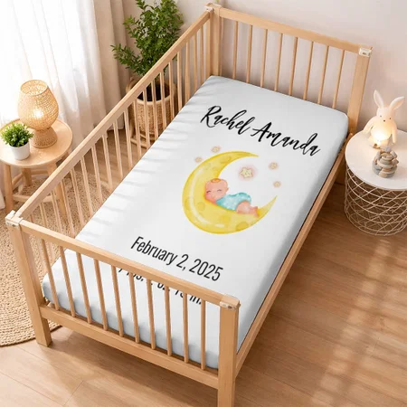 Cute Sleeping Baby On The Moon And Stars Customized Baby Cot Crib Bedsheet