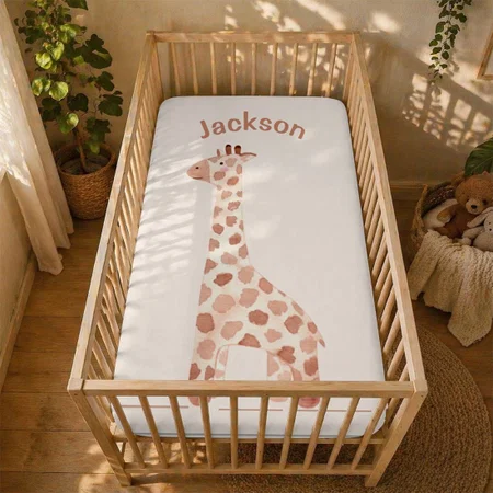 Giraffe Personalized Name Watercolor Nursery Customized Baby Cot Crib Bedsheet