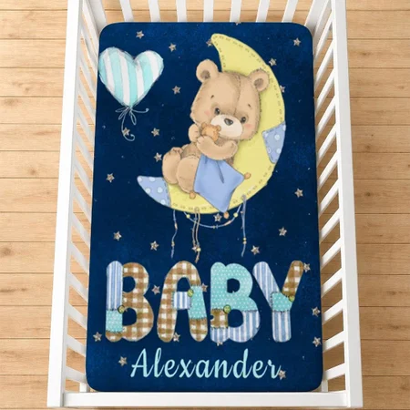 Teddy Bear On The Moon Boy Baby Customized Baby Cot Crib Bedsheet