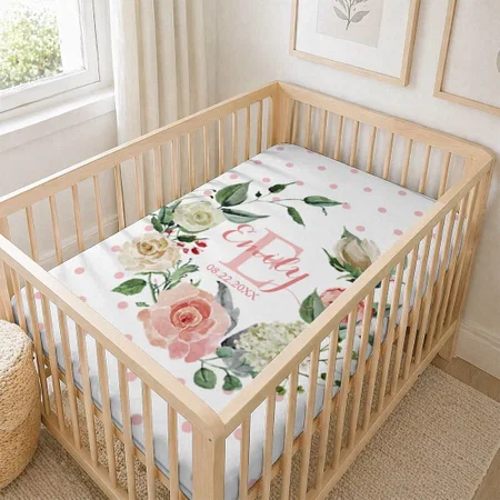 Pink Watercolor Floral Polka Dots Girl Nursery Customized Baby Cot Crib Bedsheet