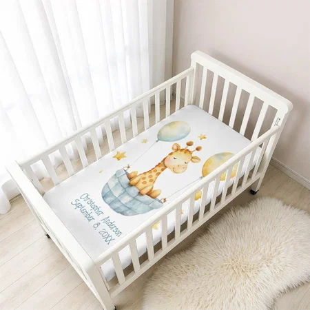 Giraffe Balloons Blue Yellow Boys Birth Stats Customized Baby Cot Crib Bedsheet