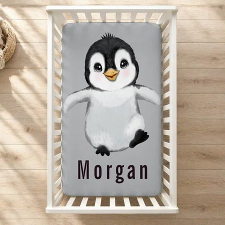 Cute Gray Penguin Customized Baby Cot Crib Bedsheet