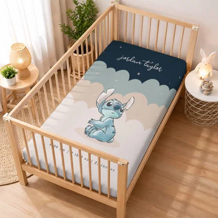 Whimsical Stitch Sky Scene Birth Stats Customized Baby Cot Crib Bedsheet