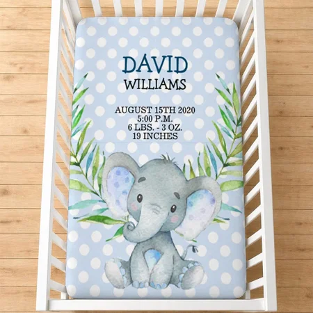 Baby Elephant Boy Birth Stats Safari Jungle Customized Baby Cot Crib Bedsheet