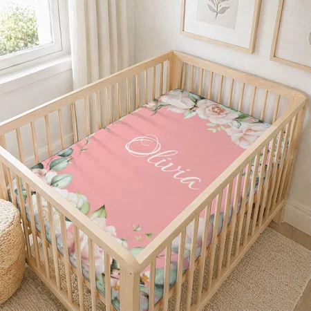 Pink Floral Watercolor Name Baby Girl Customized Baby Cot Crib Bedsheet