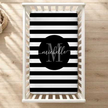 Monogram Stripe Girly Script Classic Black White Customized Baby Cot Crib Bedsheet