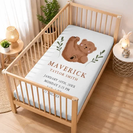 Cute Cub Bear Boy Birth Stats Customized Baby Cot Crib Bedsheet