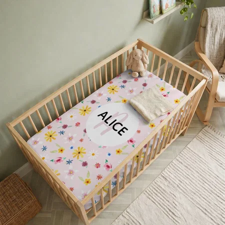 Girls Floral Pink Flower & Name Monogram Customized Baby Cot Crib Bedsheet