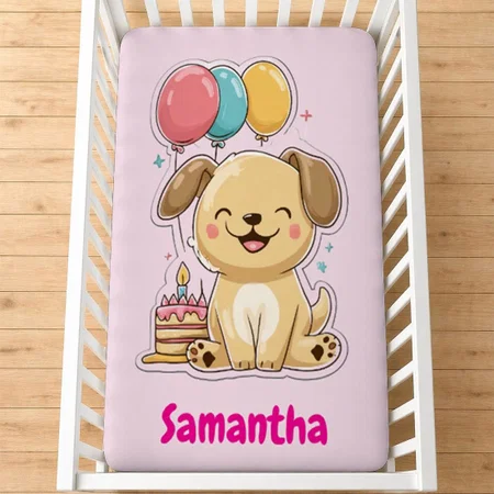 Happy Puppy, Girl, 1st Birthday Customized Baby Cot Crib Bedsheet