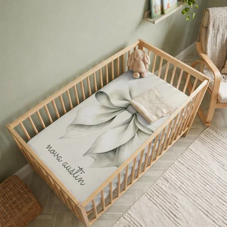 Trendy White Bow With Name Monogram Customized Baby Cot Crib Bedsheet