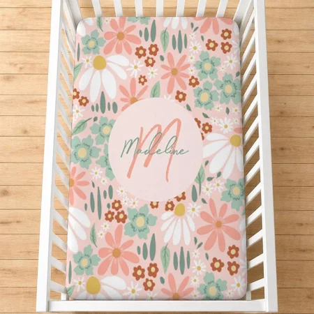 Girls Cute Pink Daisy Wildflower Monogram Customized Baby Cot Crib Bedsheet