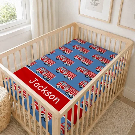 Red Fire Truck Pattern Customized Baby Cot Crib Bedsheet