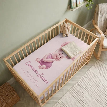 Baby Piglet Cartoon With Birth Stats Customized Baby Cot Crib Bedsheet