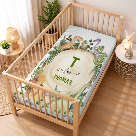 Rustic Greenery Dinosaurs Monogram Name Customized Baby Cot Crib Bedsheet