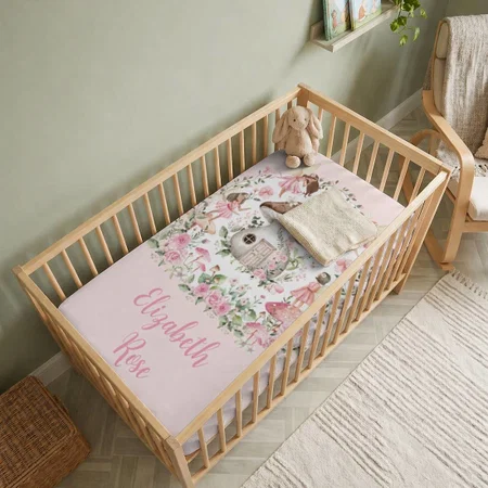 Enchanted Forest Fairies Pink Floral Girl Customized Baby Cot Crib Bedsheet