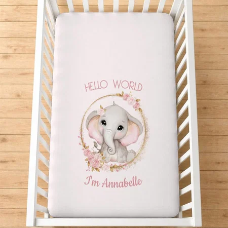 Cute Elephant And Flowers Pink Customized Baby Cot Crib Bedsheet