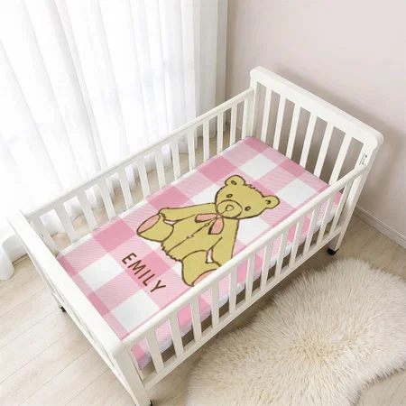 Baby Girl Bear Pastel Pink Buffalo Plaid With Name Customized Baby Cot Crib Bedsheet