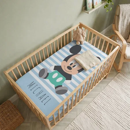 Cute Mouse Cartoon With Name Customized Baby Cot Crib Bedsheet