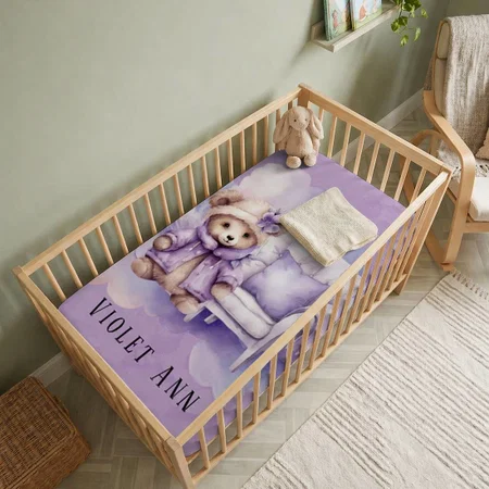 Violet Teddy Bear Clouds Girl Customized Baby Cot Crib Bedsheet