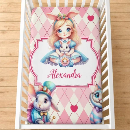 Cute Watercolor Cartoon Girl Cartoon With Name Customized Baby Cot Crib Bedsheet