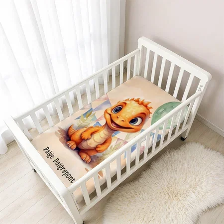 Orange Watercolor Dinosaur Customized Baby Cot Crib Bedsheet