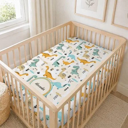 Dinosaurs Pattern With Name Customized Baby Cot Crib Bedsheet