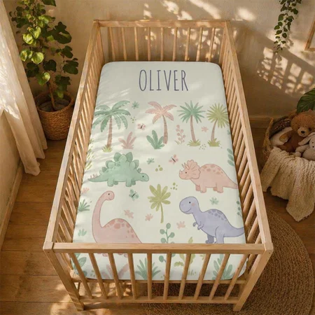 Cute Pastel Dinosaurs Customized Baby Cot Crib Bedsheet
