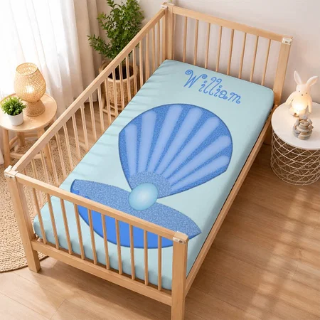 Blue Baby Boy Oyster Shell And Pearl Baby Name Customized Baby Cot Crib Bedsheet