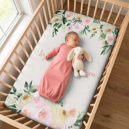 Girly Pink Lemon Beautiful Watercolor Floral Customized Baby Cot Crib Bedsheet