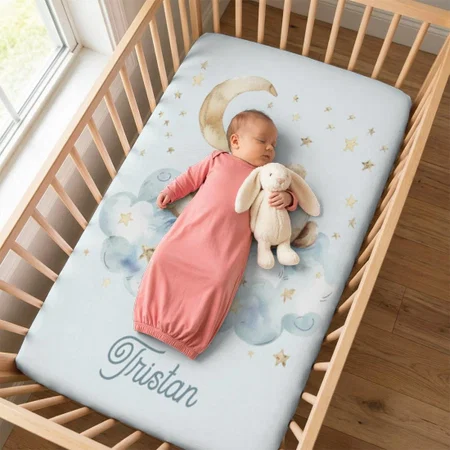 Teddy Bear Boy Baby Moon Stars Name Blue Customized Baby Cot Crib Bedsheet