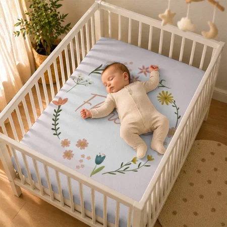 Girls Cute Elegant Floral Botanical Wildflowers Customized Baby Cot Crib Bedsheet