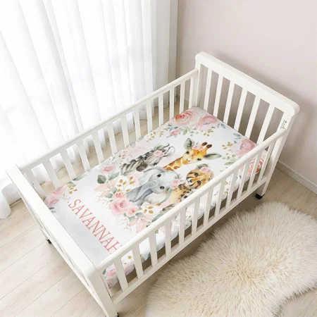 Pretty Safari Jungle Animals Pink Gold Floral Customized Baby Cot Crib Bedsheet