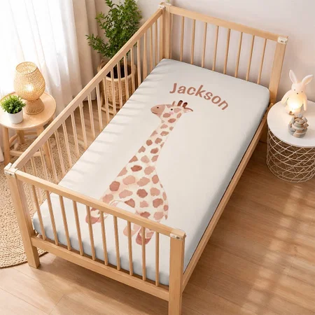 Giraffe Personalized Name Watercolor Nursery Baby Customized Baby Cot Crib Bedsheet