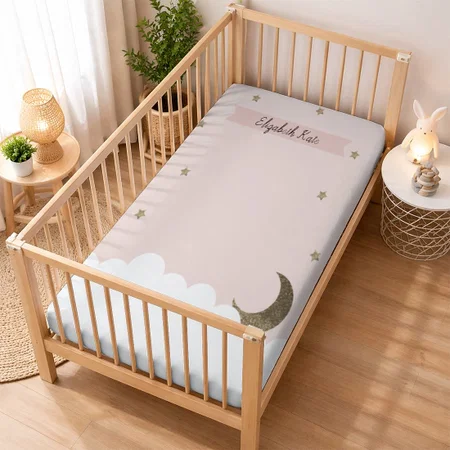 Gold Crescent Moon & Stars Pink Customized Baby Cot Crib Bedsheet