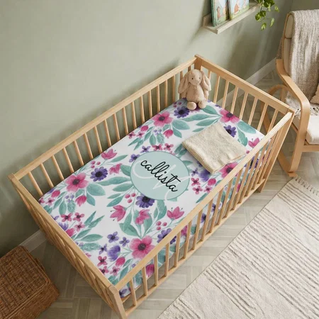 Girly Pink Purple Teal Watercolor Floral Monogram Customized Baby Cot Crib Bedsheet