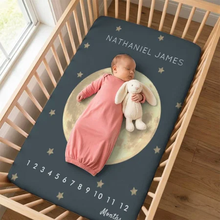 Gold Full Moon & Stars Navy Blue Boy Milestone Customized Baby Cot Crib Bedsheet