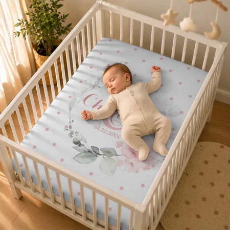 Pink Watercolor Floral Polka Dots Girl Customized Baby Cot Crib Bedsheet