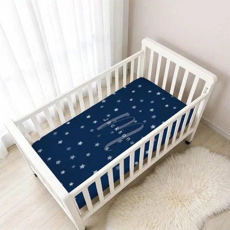 Navy Star Pattern Personalized Name And Monogram Customized Baby Cot Crib Bedsheet