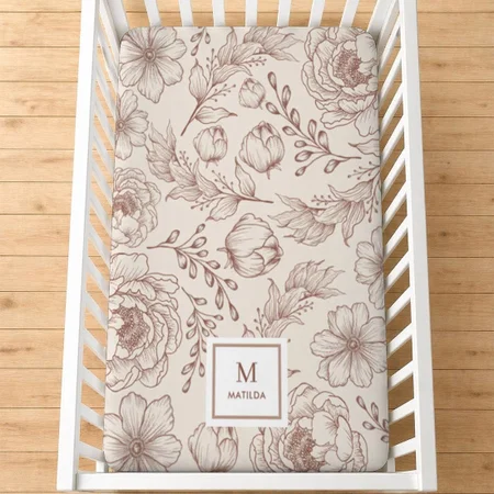 Vintage Rust Cream Botanical Floral Pattern Customized Baby Cot Crib Bedsheet