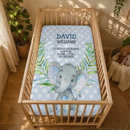 Baby Elephant Boy Birth Stats Safari Jungle Cute Customized Baby Cot Crib Bedsheet