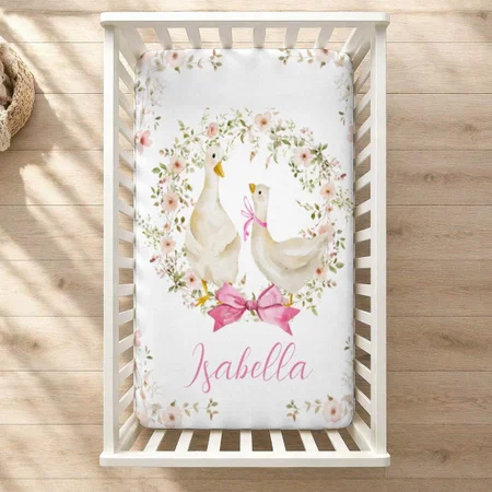 Cute Little Baby Goose & Mom Wildflower Customized Baby Cot Crib Bedsheet