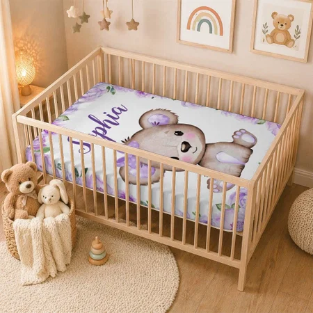 Girl Bear Purple Bow Customized Baby Cot Crib Bedsheet