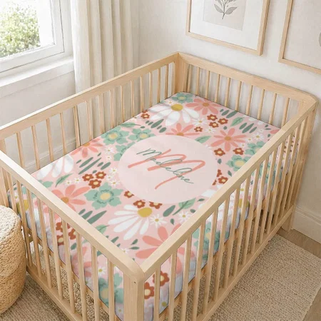 Girls Cute Pink Daisy Wildflower Monogram Customized Baby Cot Crib Bedsheet