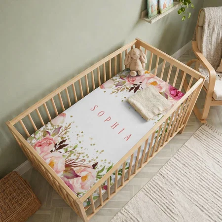 Pink Gold Confetti Watercolor Floral Customized Baby Cot Crib Bedsheet