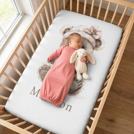 Watercolor Teddy Bear Nursery Customized Baby Cot Crib Bedsheet