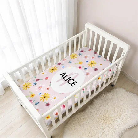 Girls Cute Flower Pattern Monogram And Name Customized Baby Cot Crib Bedsheet