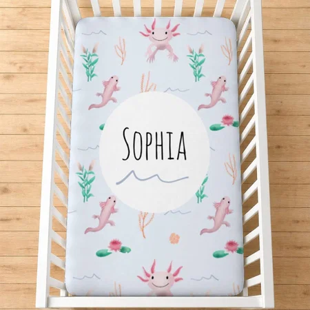 Girl Cute Quirky Pink Axolotl River Pattern Customized Baby Cot Crib Bedsheet