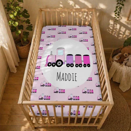 Girl Cute Pink Train with Name Customized Baby Cot Crib Bedsheet
