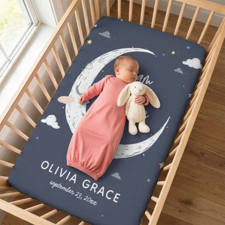 Dream Big Little One Moon With Clouds Customized Baby Cot Crib Bedsheet