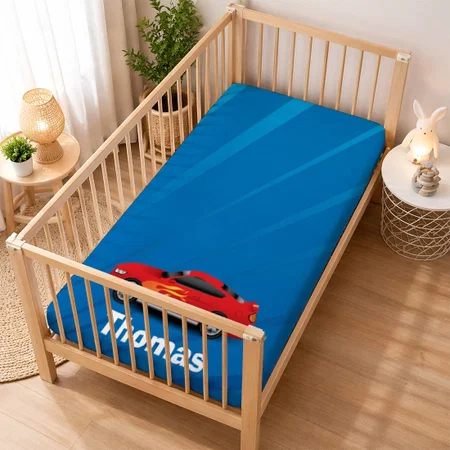 Bright Blue With Red Sports Car Flames Kids Customized Baby Cot Crib Bedsheet